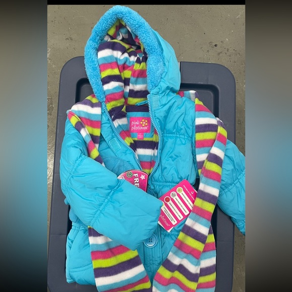 New Puffer Jacket with Hat and Rainbow Striped Scarf, Girls Size 4T - Aqua - Picture 7 of 10